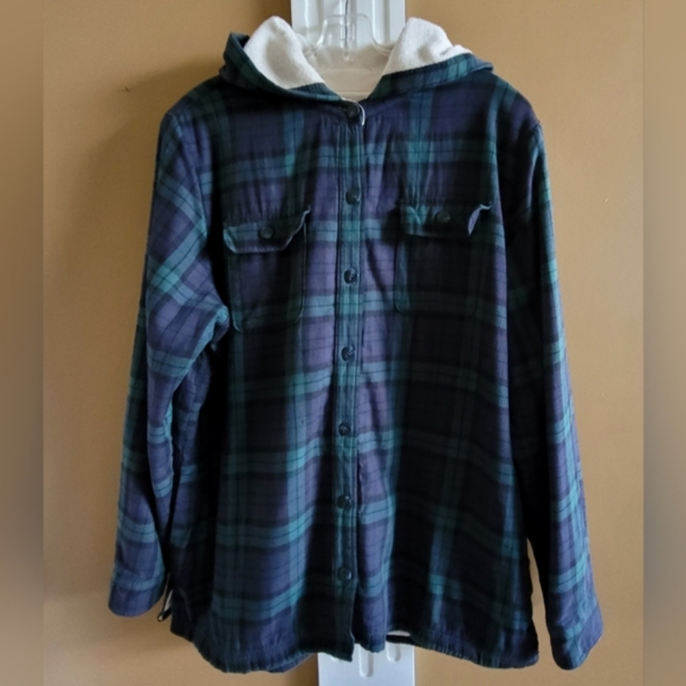 LL BEAN FLEECE LINED PLAID FLANNEL HOODIE SHACKET WOMEN'S SIZE  LARGE - Picture 4 of 16